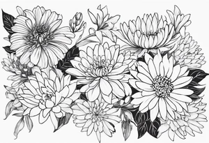 Asters, lillies, and chrysanthemums in a long line tattoo idea