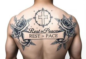 Hip hop religious rest in peace with roses and a banner for a name full sleeve tattoo idea