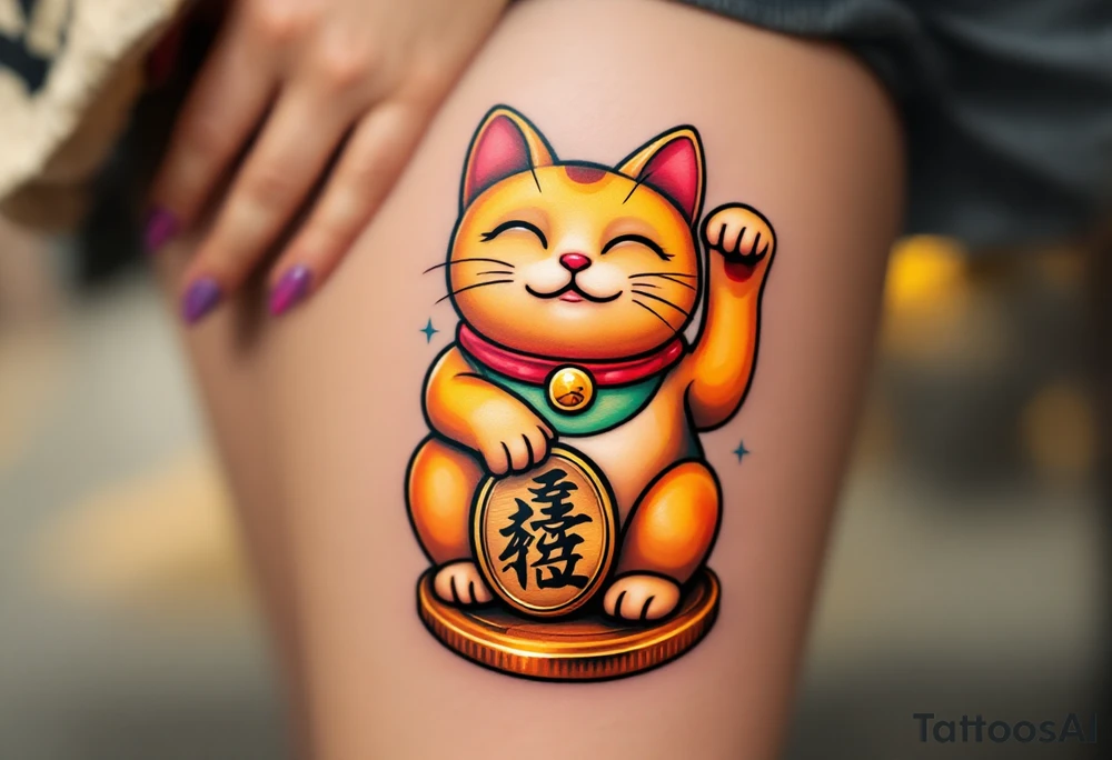 A golden maneki-neko (beckoning cat) with a red collar and green bib, sitting on a coin. tattoo idea