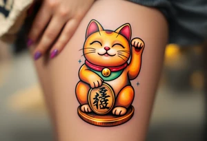 A golden maneki-neko (beckoning cat) with a red collar and green bib, sitting on a coin. tattoo idea
