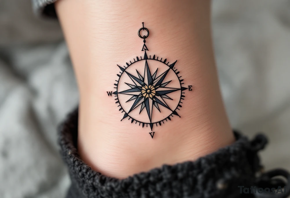 A monochrome compass with gold highlights points toward the path of freedom and adventure. tattoo idea