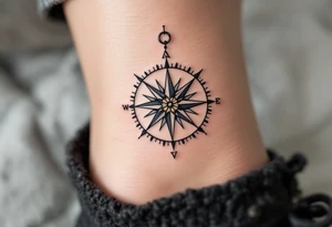 A monochrome compass with gold highlights points toward the path of freedom and adventure. tattoo idea