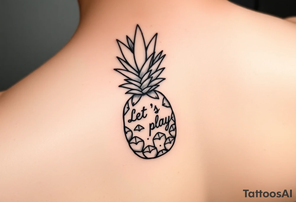 A black ink wrist tattoo featuring a realistic yet minimalistic pineapple. The pineapple is finely detailed with clean, precise lines, capturing the natural texture of the fruit while keeping the design subtle and uncluttered. Inside the body of the pineapple, the phrase "Let's play" is clearly placed in a bold but not overly thick font, ensuring readability while maintaining balance with the overall design. The leaves of the pineapple have a fine-line style with slight variations in thickness for a natural feel. The tattoo blends fine details with subtle bold elements, creating a clean and modern aesthetic. tattoo idea