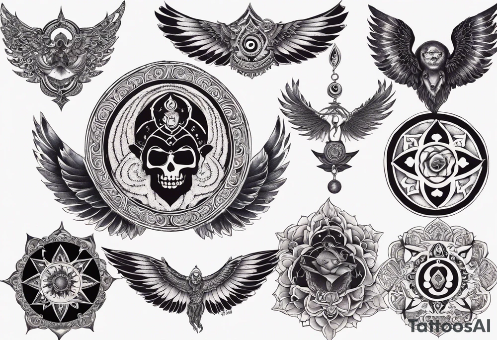 black kali, goddess pirate, alien, angel, pachamama, valkrye, warrior, flying, skull, lotus azul, wing, eagle, zenza resonance, stars, 5D, anahata chakra, death, durga, riding on a tiger, flying lady, kundalini, chest tatoo tattoo idea
