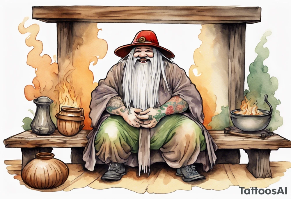 fat cousin it wearing a mushroom hat and medieval tunic sitting on a bench by a fireplace drinking from a wood cup, laughing tattoo idea