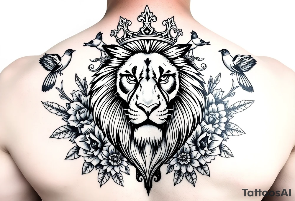 powerful majestic lion with a crown, surrounded by floral ornaments and birds tattoo idea
