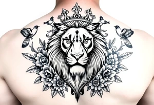 powerful majestic lion with a crown, surrounded by floral ornaments and birds tattoo idea