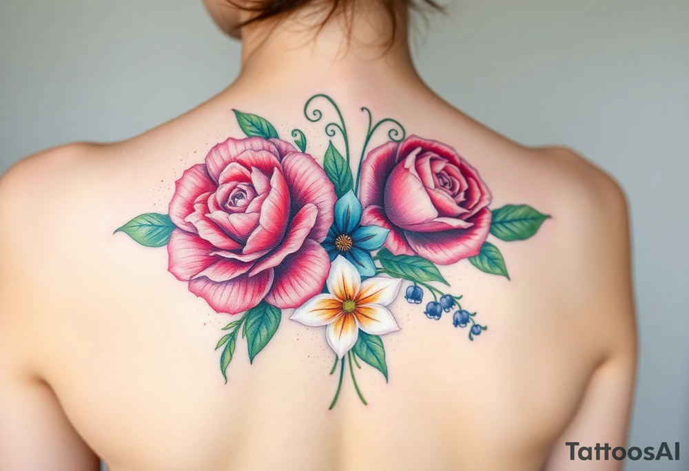 Bouquet of flowers with a carnation, rose, Lily of the valley, delphinium with stems Starting upper middle back to right shoulder tattoo idea