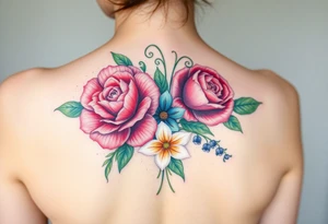 Bouquet of flowers with a carnation, rose, Lily of the valley, delphinium with stems Starting upper middle back to right shoulder tattoo idea