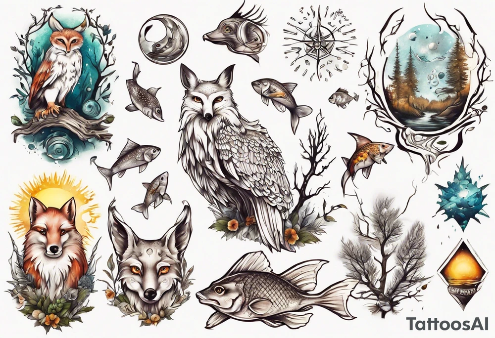 sonne, eule  wald, fuchs 
baum, sapere aude, Wasser, fisch tattoo idea