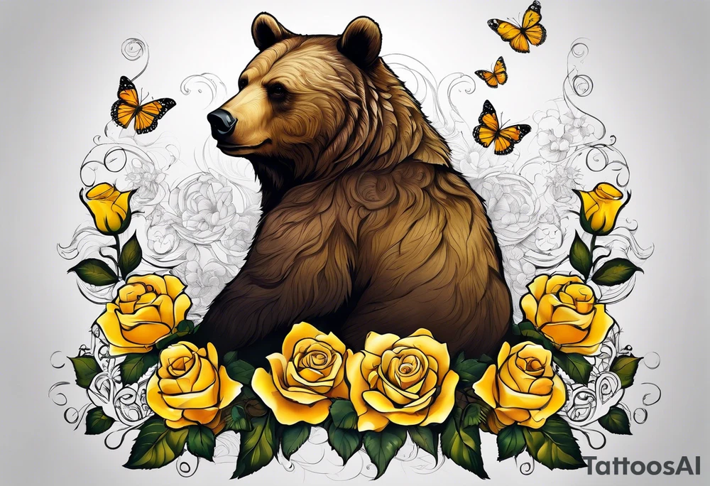 A bear sitting under the tree of life with three yellow roses, and three butterflies tattoo idea