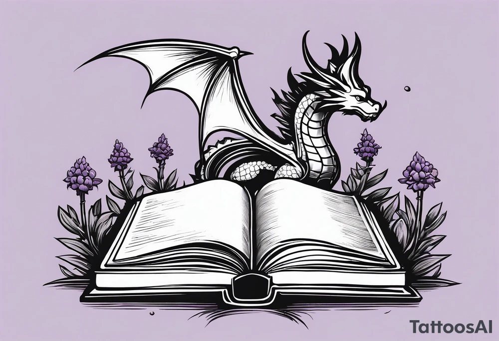 an open book. a small flying dragon. One pawn chess piece. a cluster of lavender flowers under book tattoo idea