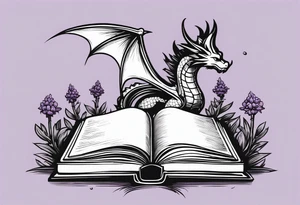 an open book. a small flying dragon. One pawn chess piece. a cluster of lavender flowers under book tattoo idea