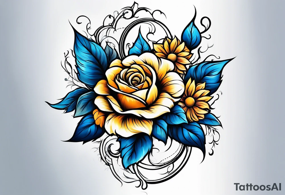 flower rose and blue, sunflower, tattoo idea