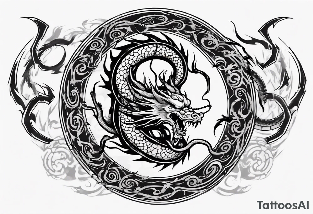 Chinese dragon in a circular shape with "02.03" written on its skin tattoo idea