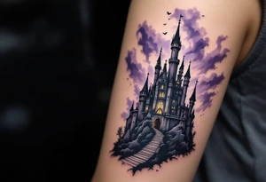 Tim Burton’s crooked castle rises under a thunderous sky in stormy grays and moody purple shadows tattoo idea