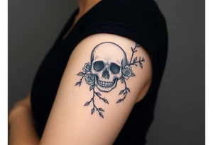gothic skull intertwined with climbing roses and thorny vines tattoo idea