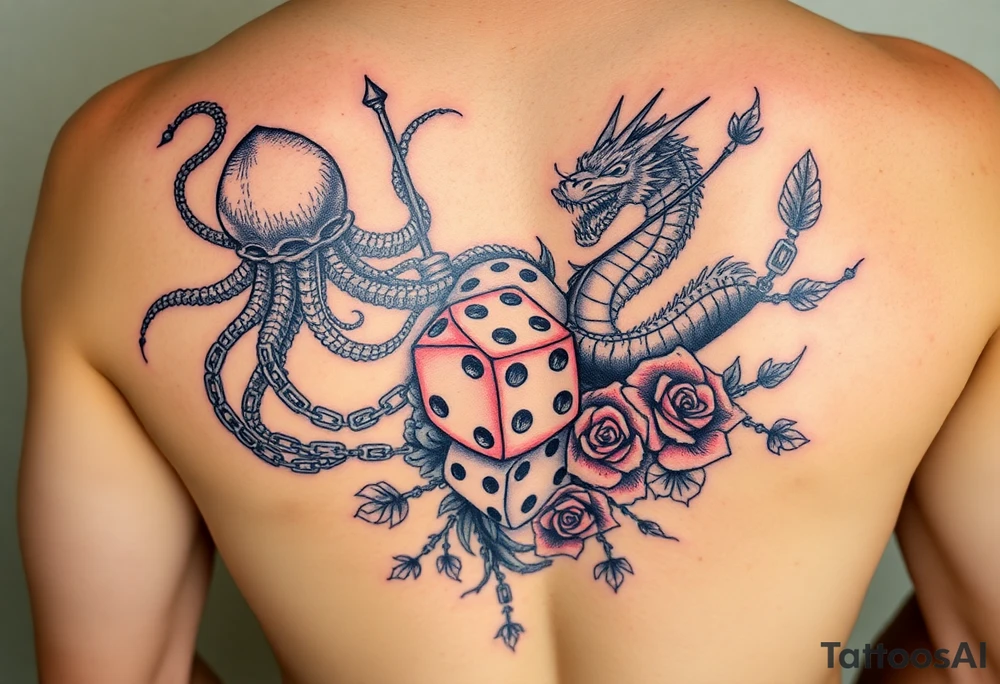 squid, knight and dragon combined with chains, tree roots, cherry blossoms and roses rolling dice tattoo idea