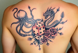 squid, knight and dragon combined with chains, tree roots, cherry blossoms and roses rolling dice tattoo idea