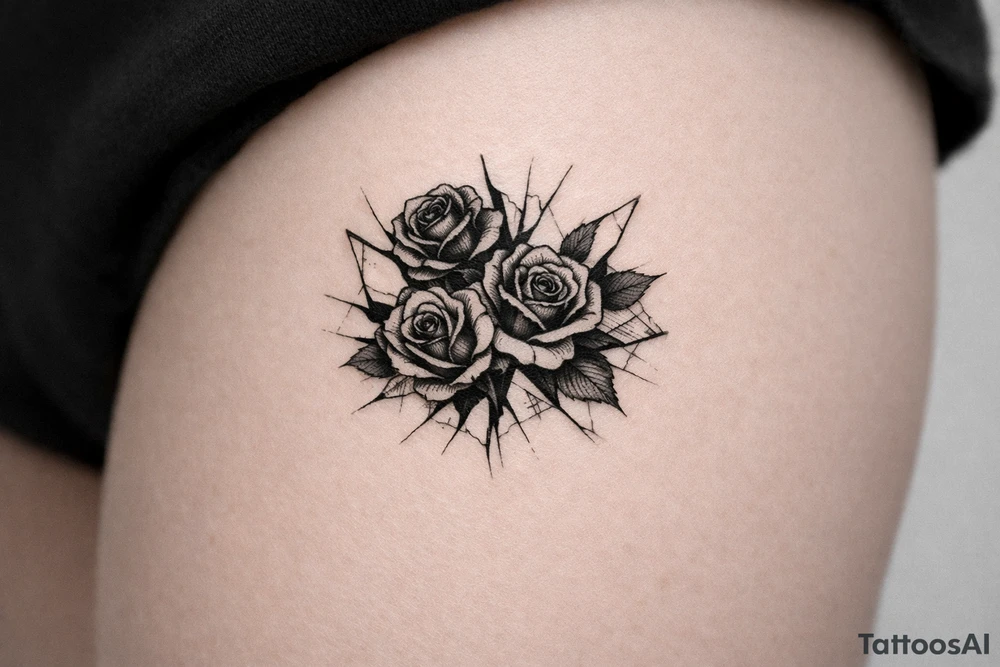 Close-up of dark roses bursting through shattered mirror shards, moody chiaroscuro lighting. tattoo idea