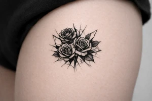 Close-up of dark roses bursting through shattered mirror shards, moody chiaroscuro lighting. tattoo idea