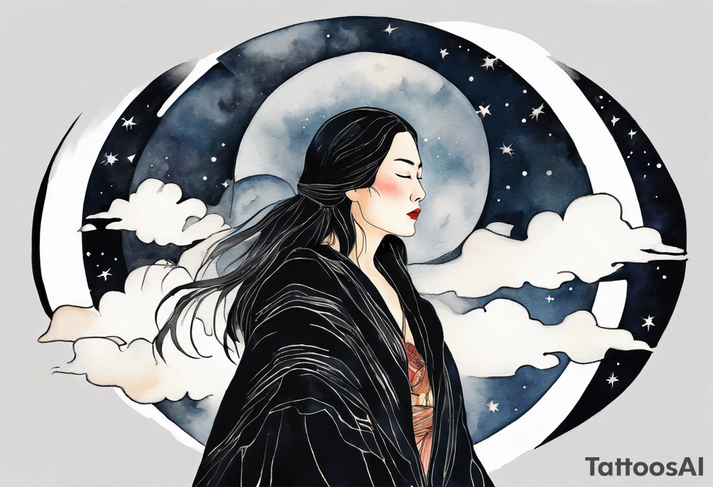 a beautiful 50-year-old Dakota woman wearing black cloak with the night sky in the background tattoo idea