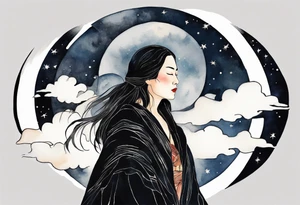 a beautiful 50-year-old Dakota woman wearing black cloak with the night sky in the background tattoo idea