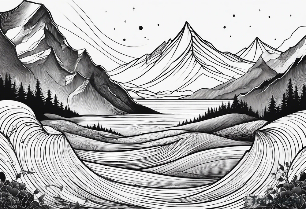 line art mountain vs space with waves in horizontal view tattoo idea line art mountain vs space with waves in horizontal view tattoo idea