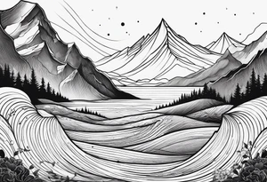 line art mountain vs space with waves in horizontal view tattoo idea