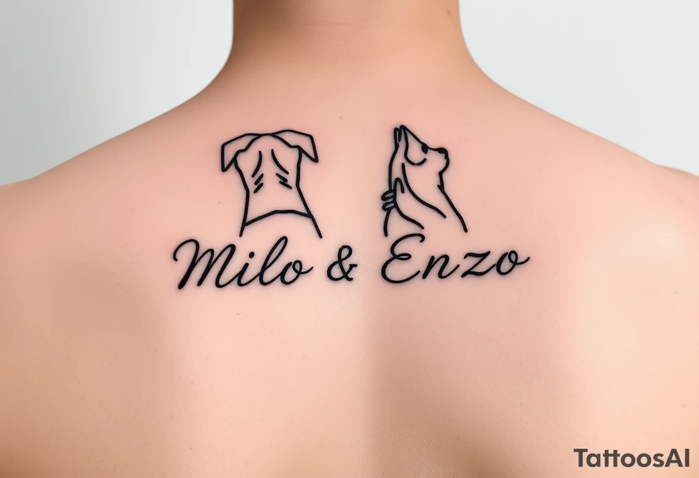 minimal ling line dog lover tattoo , dogs name in cursive Milo and Enzo spine tattoo tattoo idea
