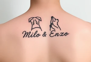 minimal ling line dog lover tattoo , dogs name in cursive Milo and Enzo spine tattoo tattoo idea