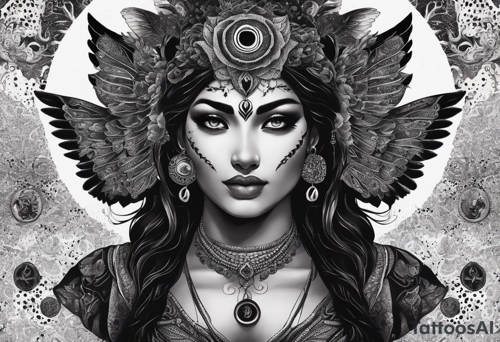 black kali, goddess pirate, alien, angel, pachamama, valkrye, warrior, flying, skull, lotus azul, wing, eagle, zenza resonance, stars, 5D, anahata chakra, death, durga, riding on a tiger, flying lady, kundalini, chest tatoo, samuri, rebel,s erpent tattoo idea
