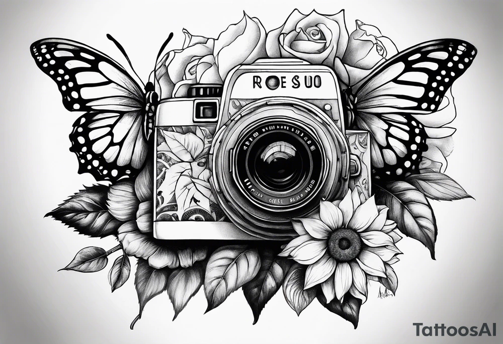sunflower, camera, flower rose , book, butterfly tattoo idea