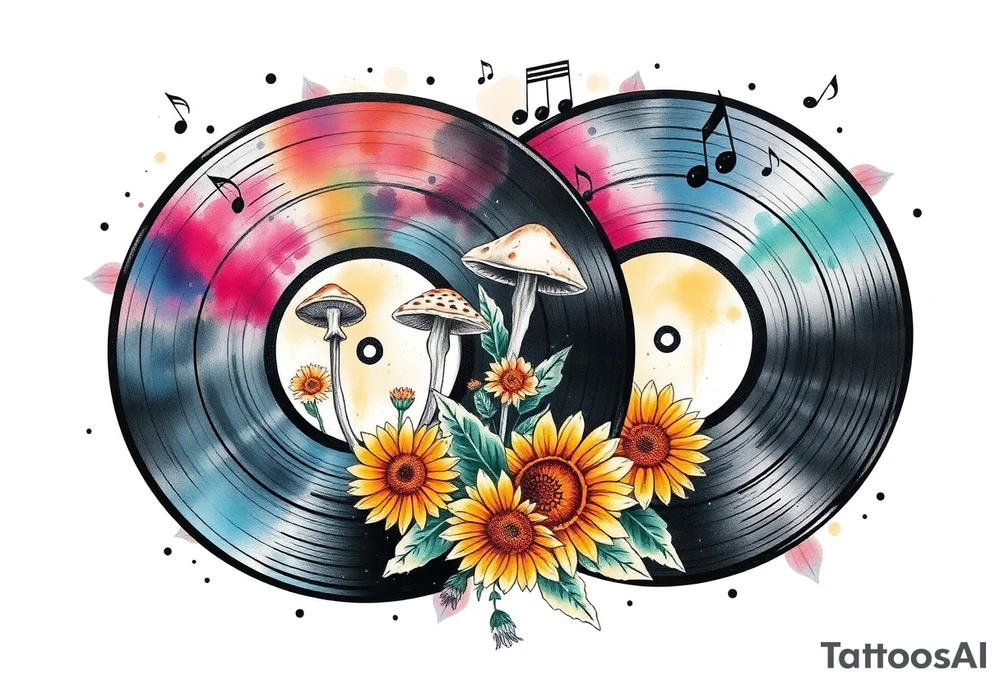 two overlapping vinyl records with mushrooms, sunflowers, and music notes tattoo idea