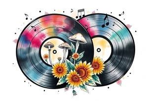 two overlapping vinyl records with mushrooms, sunflowers, and music notes tattoo idea