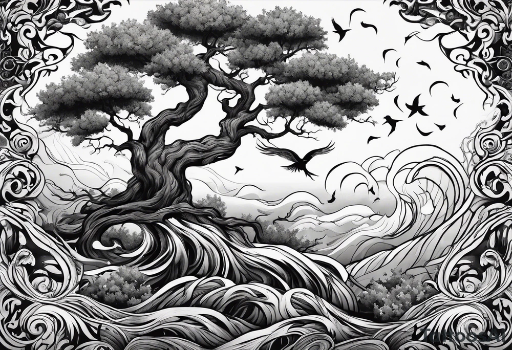calm oak tree with phoenix and roots and waves and three birds tattoo idea
