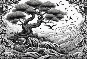 calm oak tree with phoenix and roots and waves and three birds tattoo idea