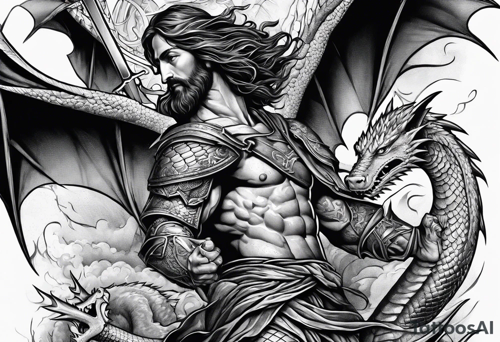 Jesus stabbing a dragon with javelin tattoo idea