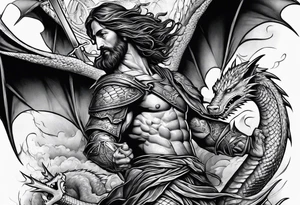 Jesus stabbing a dragon with javelin tattoo idea