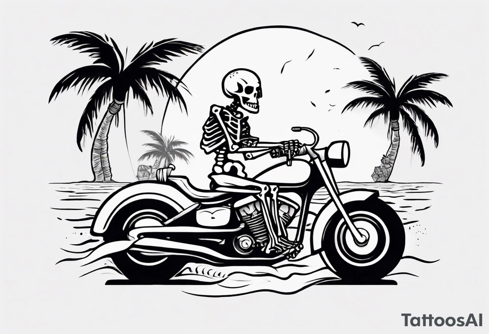 A skeleton riding a motorcycle on the beach with palm trees drinking a beer tattoo idea A skeleton riding a motorcycle on the beach with palm trees drinking a beer tattoo idea
