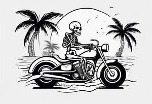 A skeleton riding a motorcycle on the beach with palm trees drinking a beer tattoo idea
