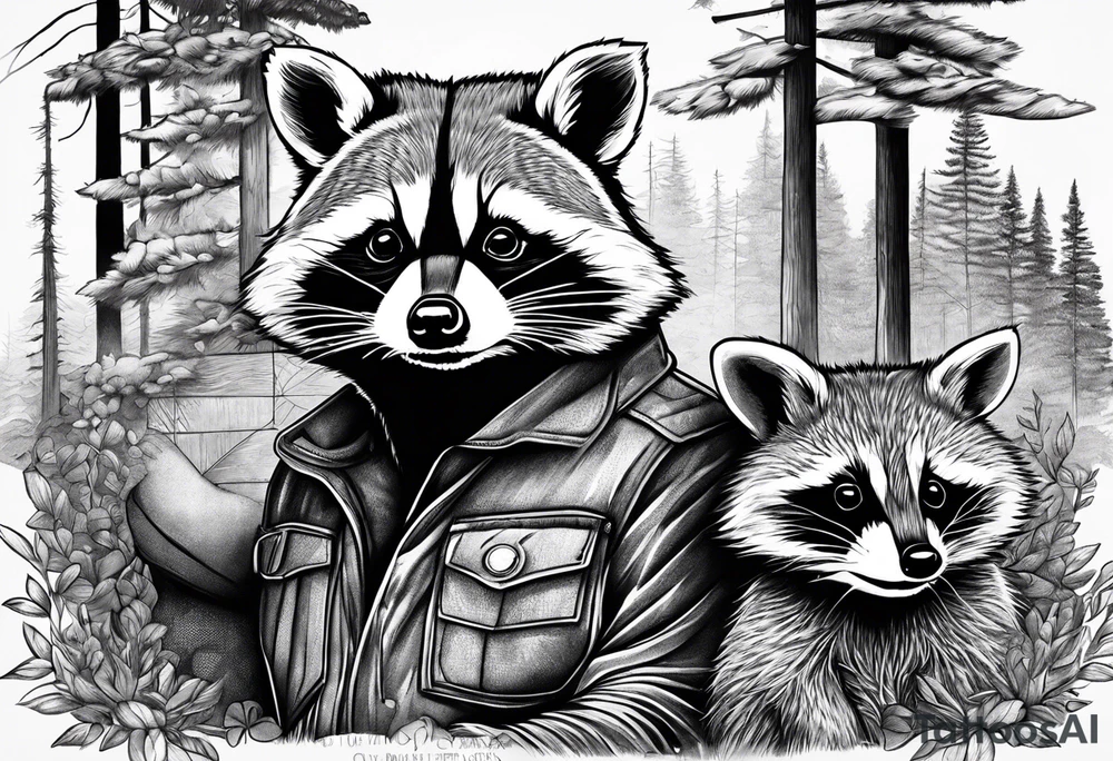 Hard working Raccoon Husband with wife ans child.
Background House and woods tattoo idea