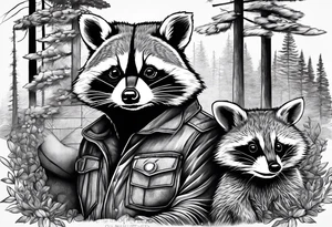 Hard working Raccoon Husband with wife ans child.
Background House and woods tattoo idea