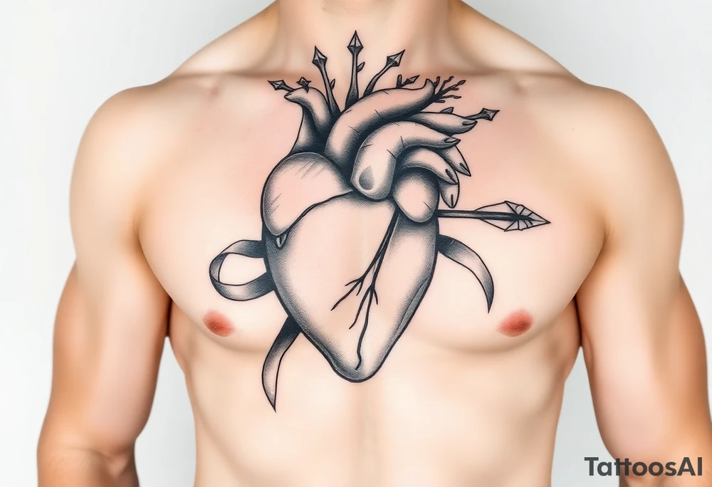anatomical heart pierced by ornate arrow with flowing ribbons tattoo idea