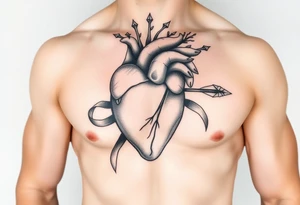 anatomical heart pierced by ornate arrow with flowing ribbons tattoo idea