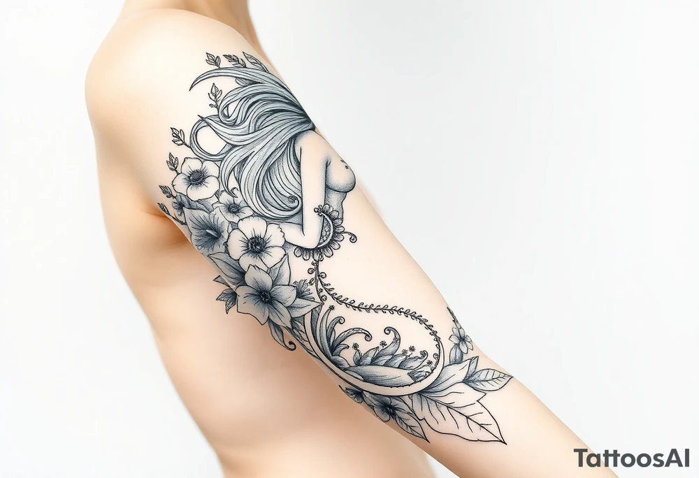 ethereal mermaid with flowing hair among coral and sea flowers tattoo idea