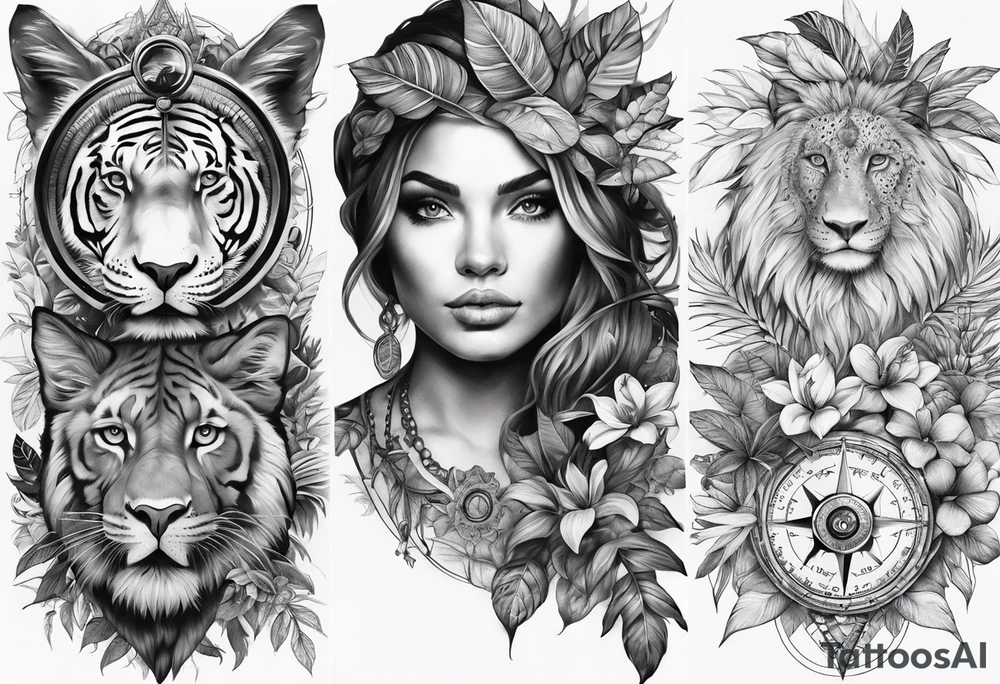 full sleeve tattoo with jungle plants, compass, all-seeing eye tattoo idea