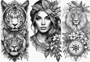 full sleeve tattoo with jungle plants, compass, all-seeing eye tattoo idea