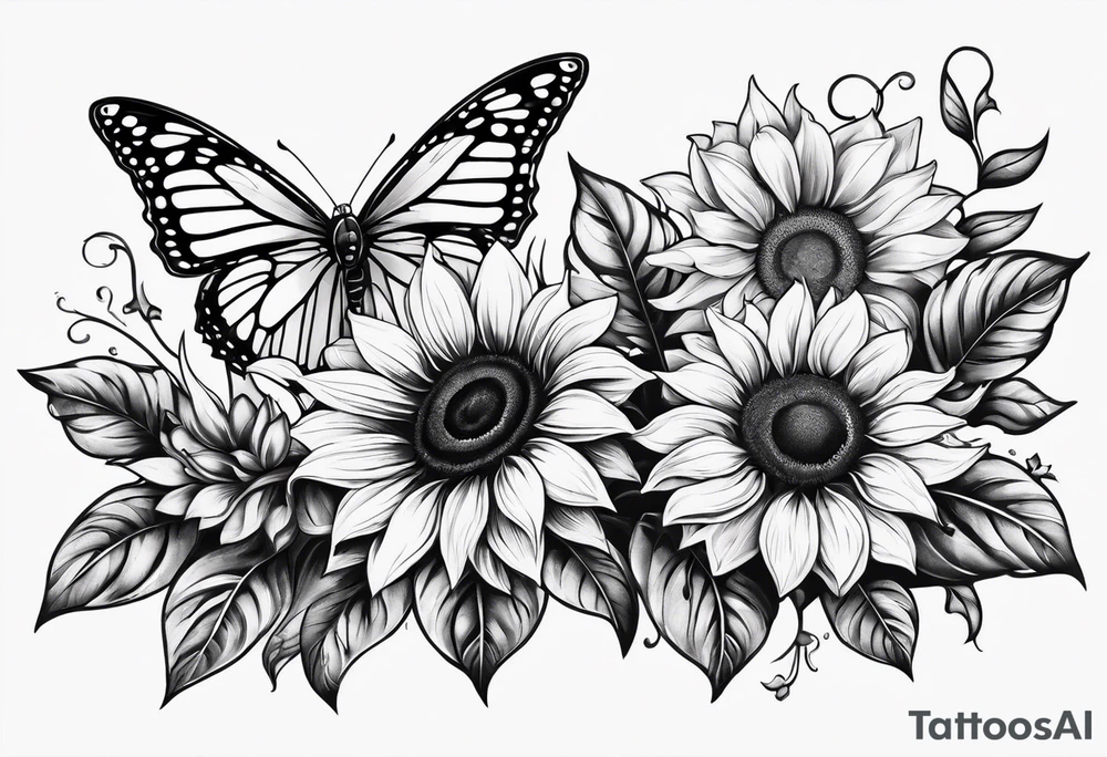 Sunflower and butterfly leg sleeve tattoo idea