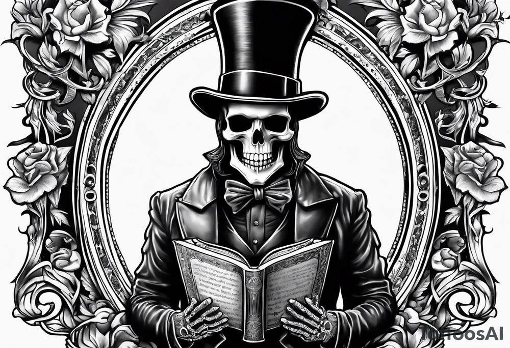 skeleton wearing a top hat holding a bible tattoo idea